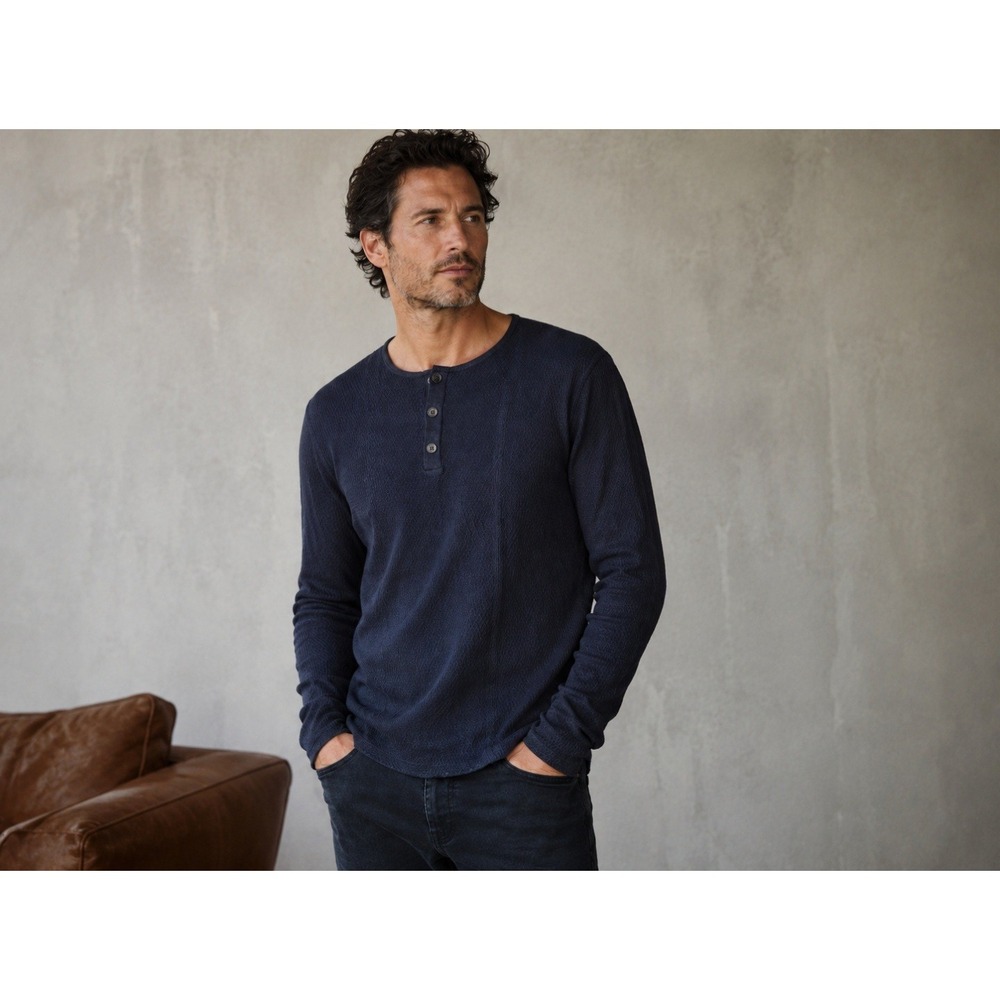 John Varvatos Mens Silk Cotton Textured Henley Sweater Navy Blue Y1094C17 Size M
